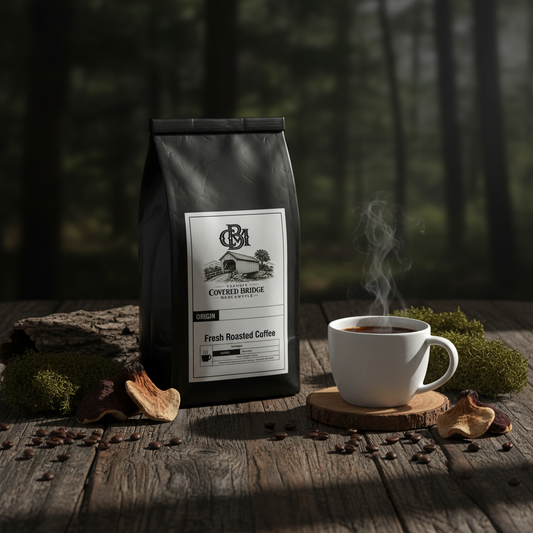 Fresh roasted coffee bag with steaming cup and front label on wood