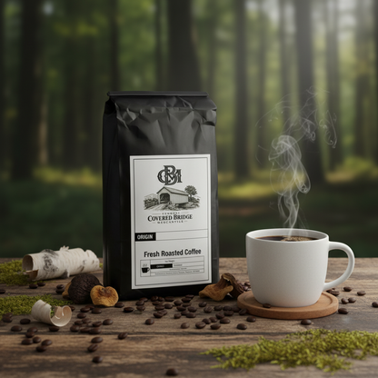 Medium roast coffee bag with steaming cup on wooden table, coffee beans around