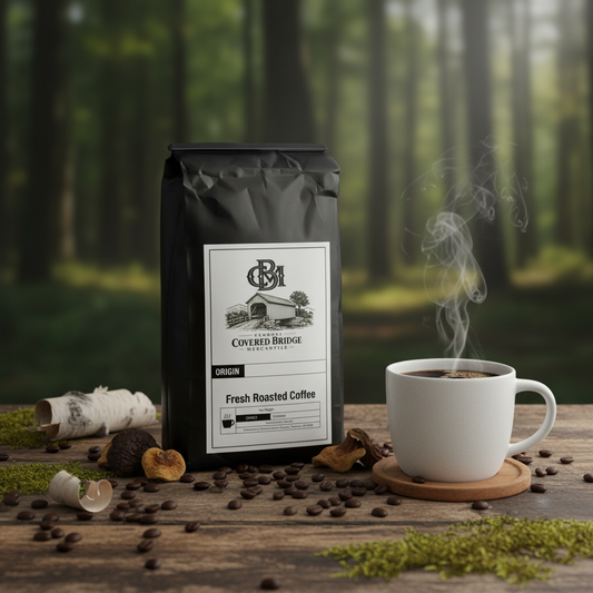 Medium roast coffee bag with steaming cup on wooden table, coffee beans around