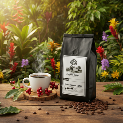 Coffee bag with white label beside a cup of black coffee and scattered beans