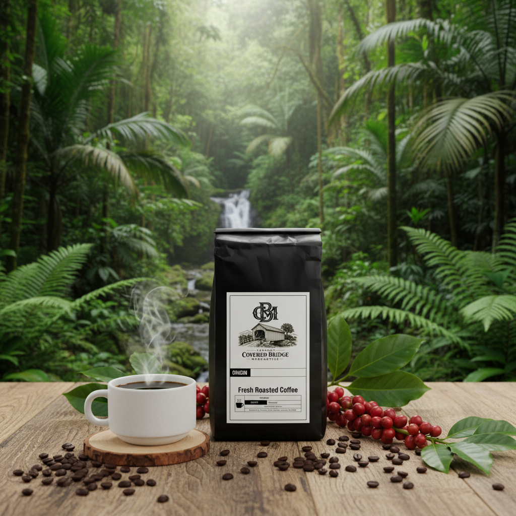 Fresh roasted coffee bag, black with Covered Bridge label