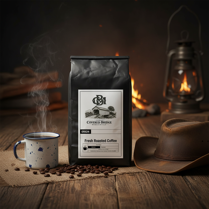 Fresh roasted coffee bag with front label on dark foil-lined pouch