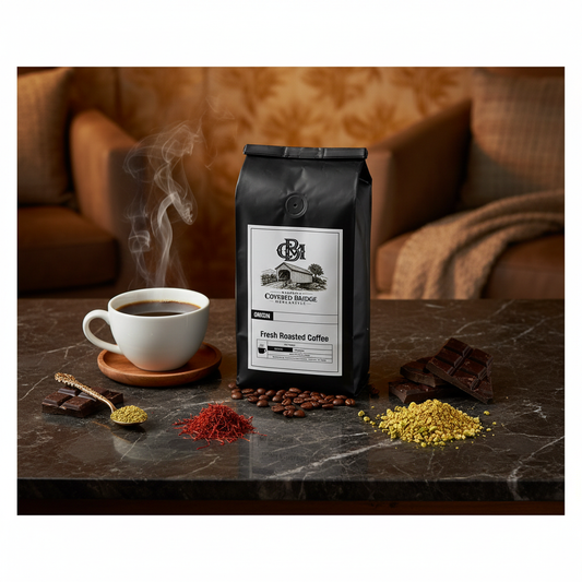 Fresh roasted coffee bag with espresso cup and dark chocolate pieces on table