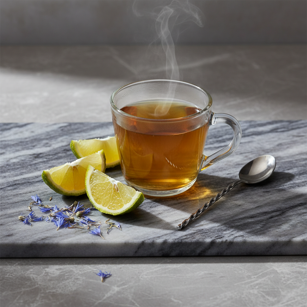 Hot Earl Grey tea in glass mug with lemon wedges and lavender sprigs