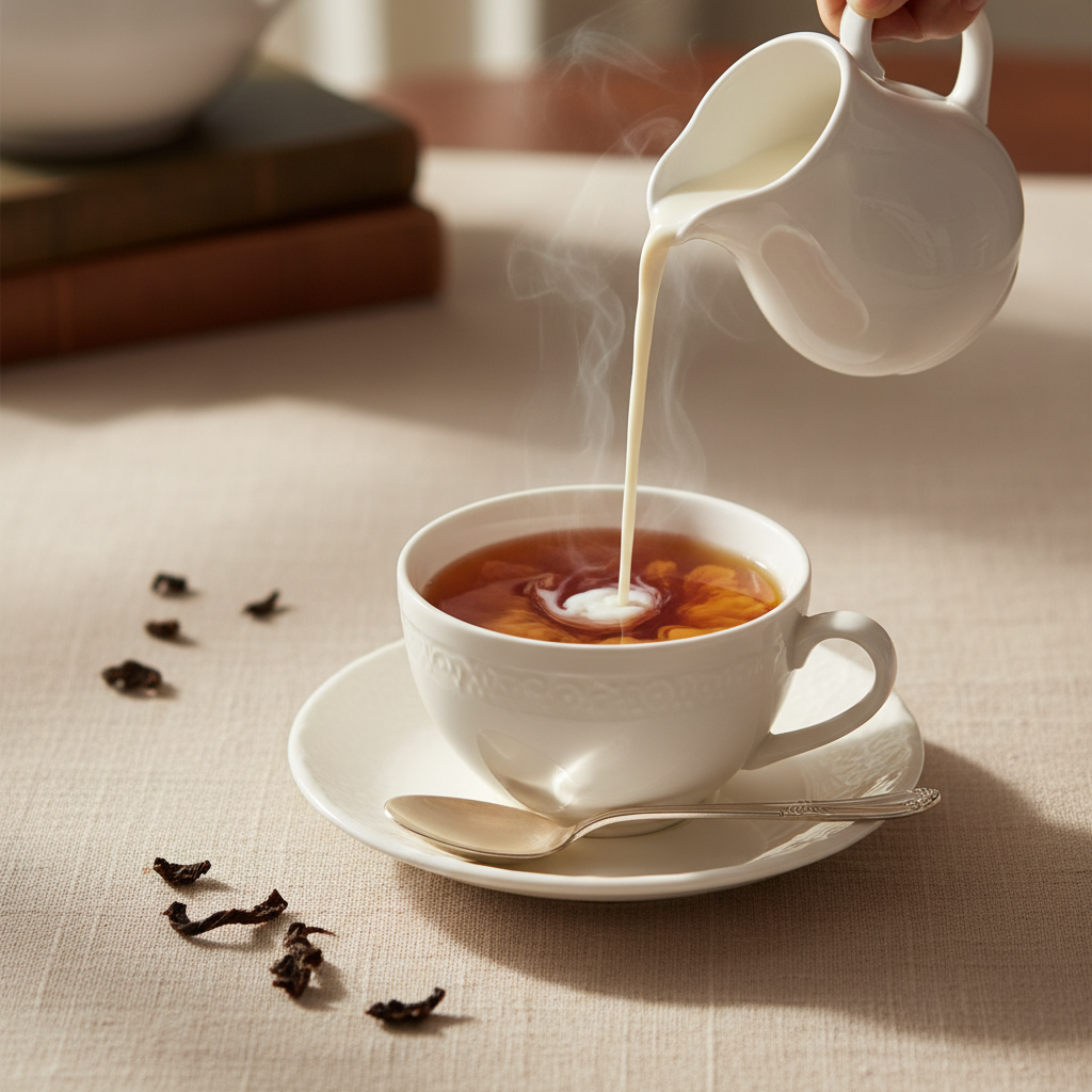 Tea cup with hot tea being poured, loose leaf breakfast-style tea