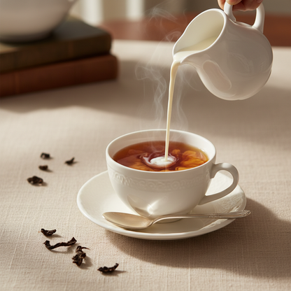 Tea cup with hot tea being poured, loose leaf breakfast-style tea