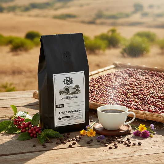Coffee bag with label, shown with white cup and scattered coffee beans on surface