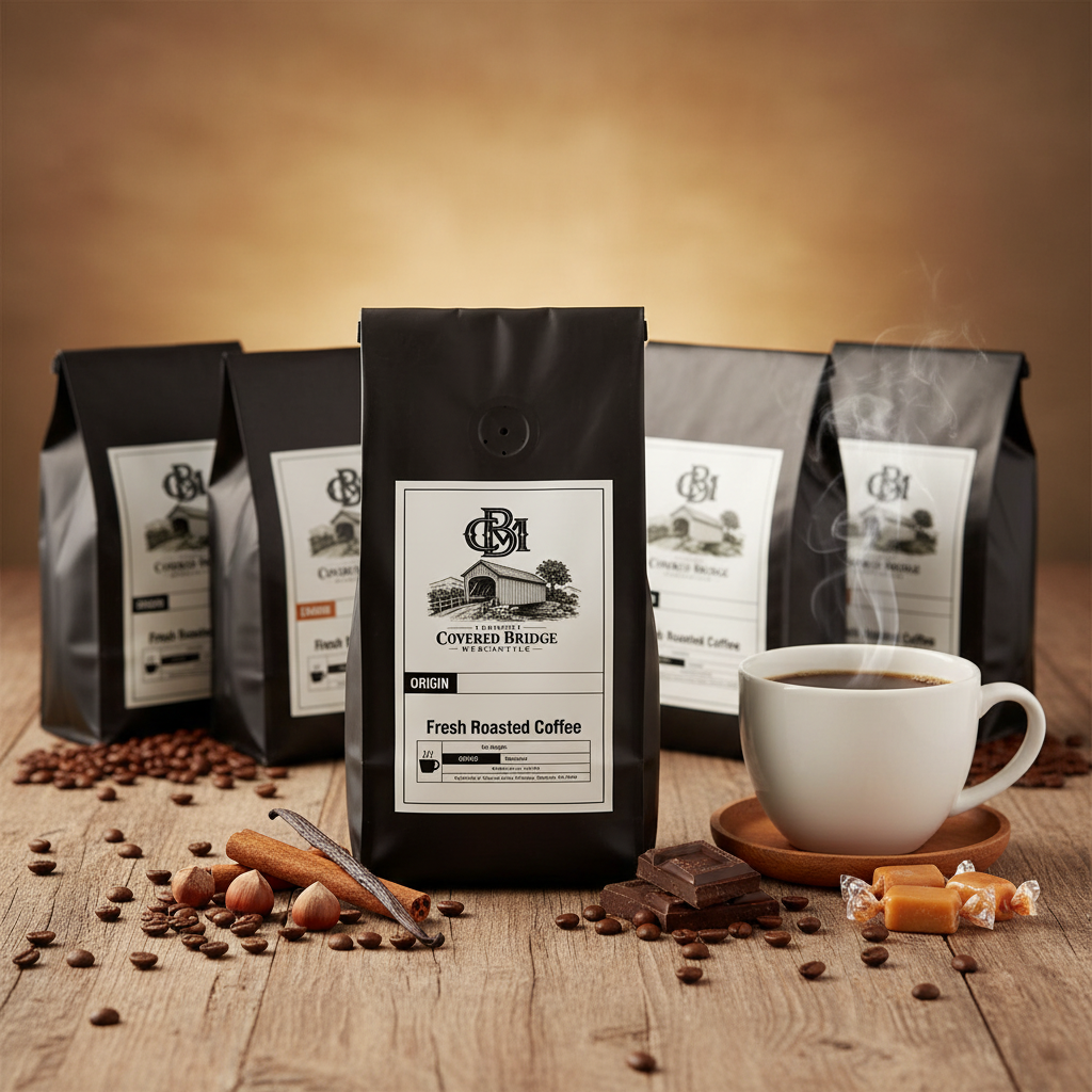 Assorted coffee sample bags with printed labels and a white cup on a saucer