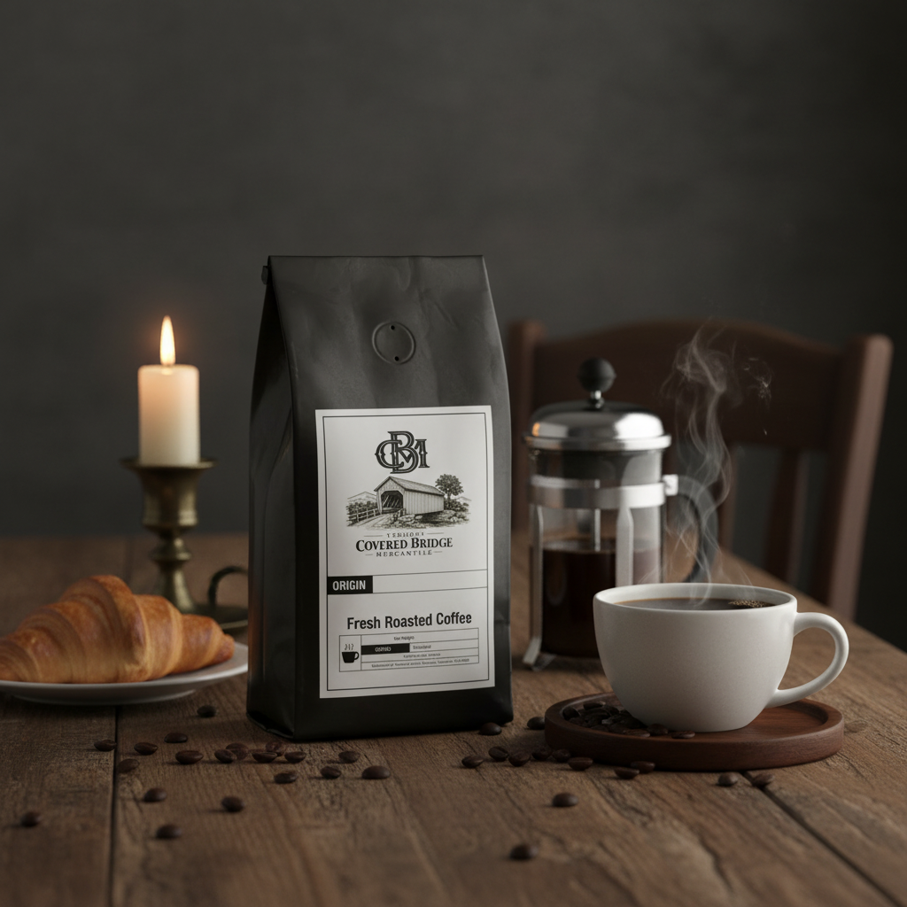 French roast coffee bag with front label and round seal, standing on table.
