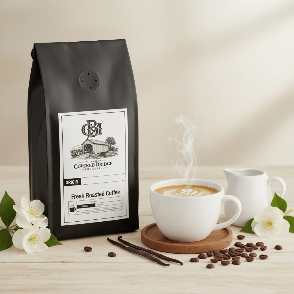 Roasted coffee bag with coffee cup, beans, and latte on tabletop