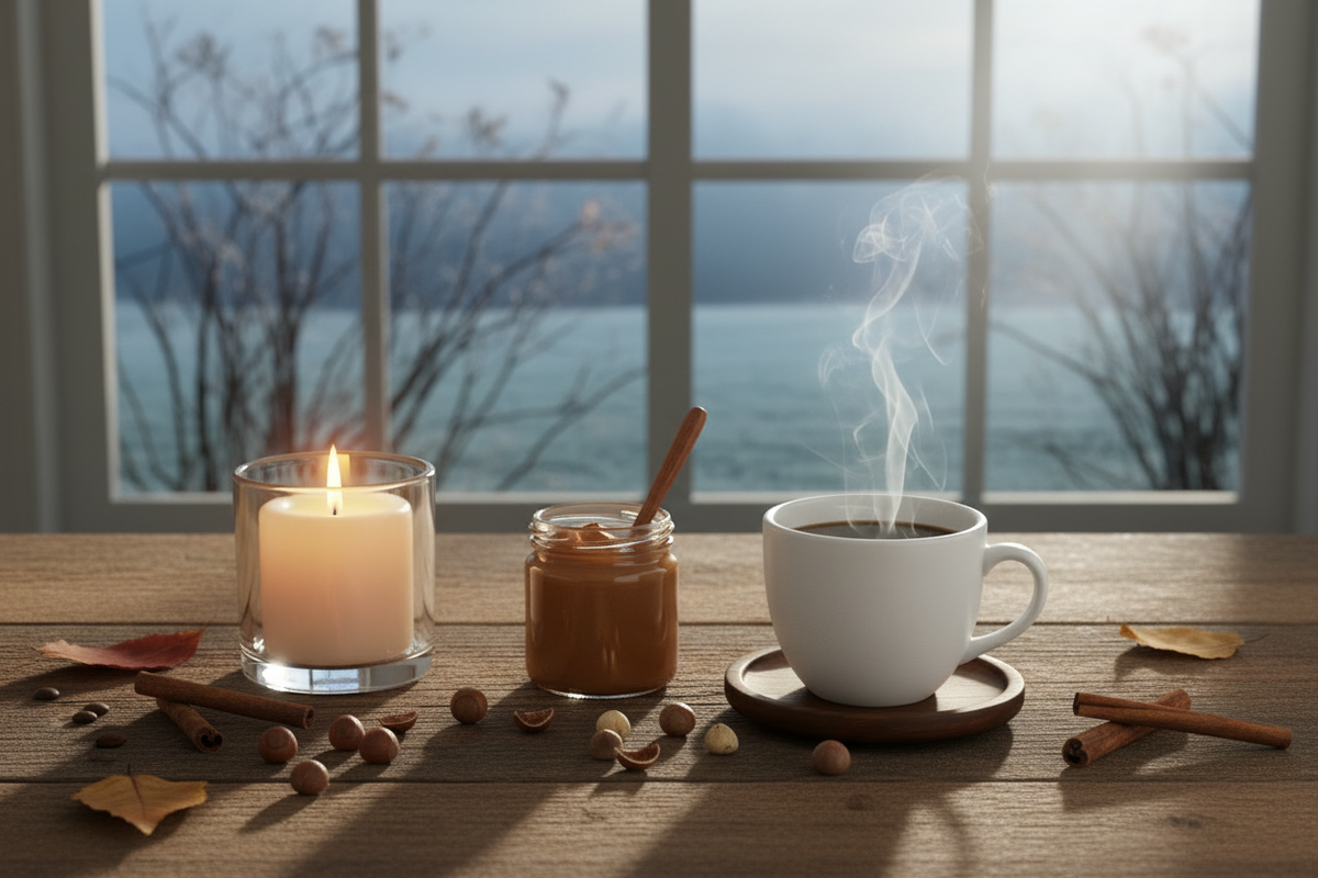 Coffee set with steaming cup, candle, and cinnamon pieces on a table