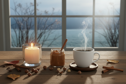 Coffee set with steaming cup, candle, and cinnamon pieces on a table