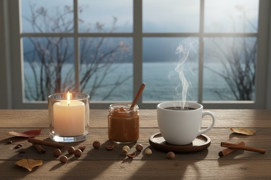 Coffee set with steaming cup, candle, and cinnamon pieces on a table