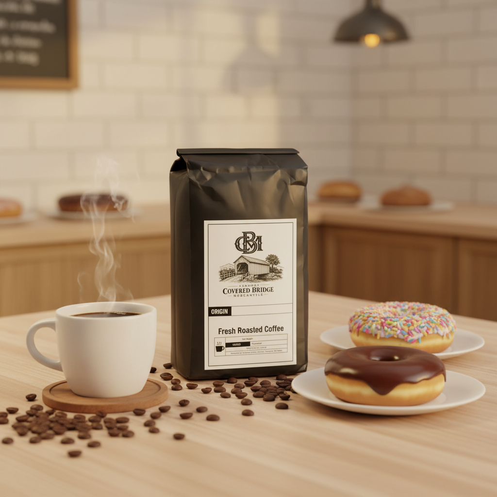 Black roasted coffee bag with front label, standing on countertop