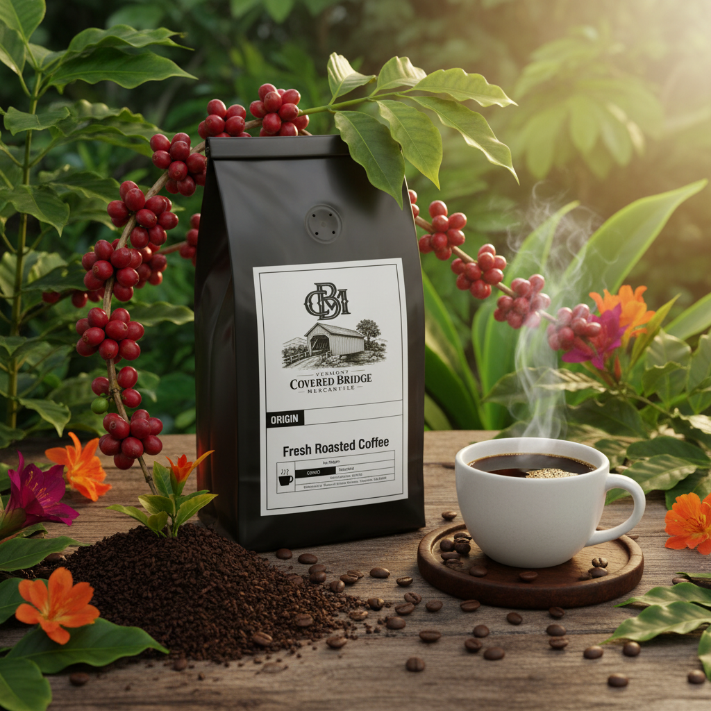 Fresh roasted coffee bag with Covered Bridge logo beside cup and coffee beans