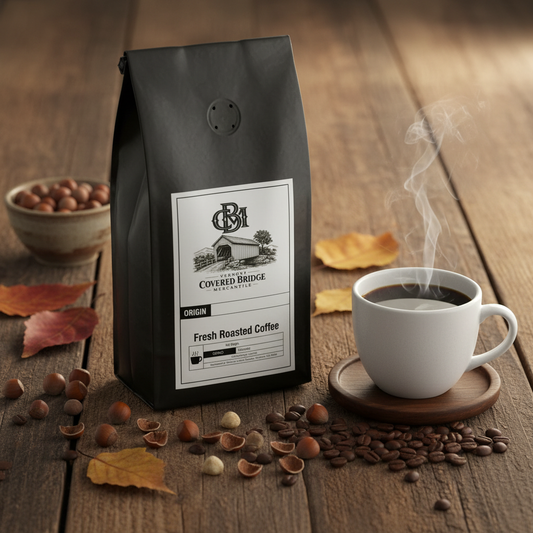 Roasted coffee bag with Covered Bridge label, dark paper pouch with valve
