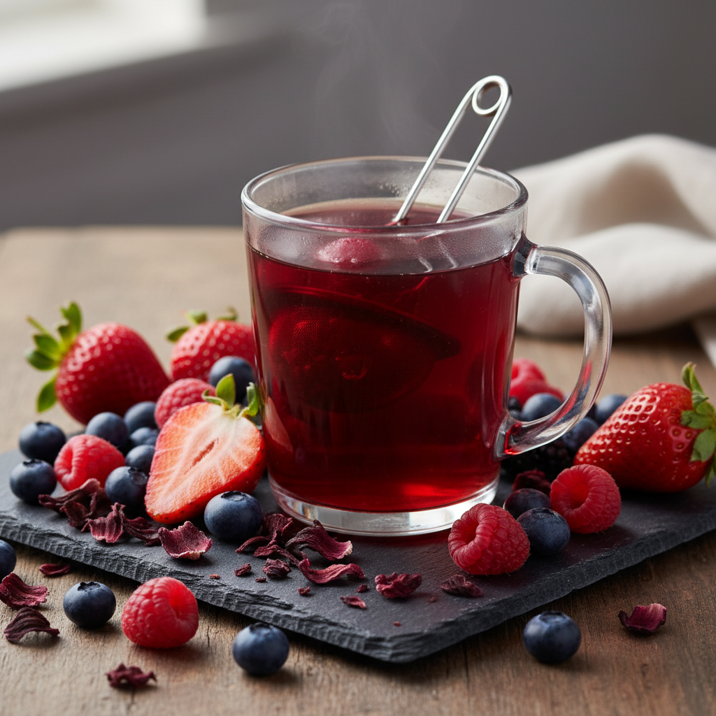 Glass mug of red hibiscus berry tea with assorted berries on slate