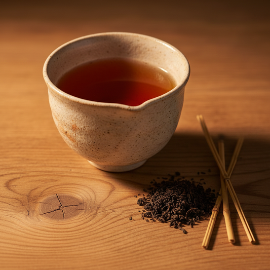 Hojicha tea cup with brewed brown tea and scattered loose tea leaves beside chopsticks