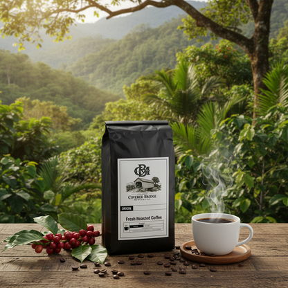 Honduras coffee bag with white label, with steaming cup and coffee beans on table
