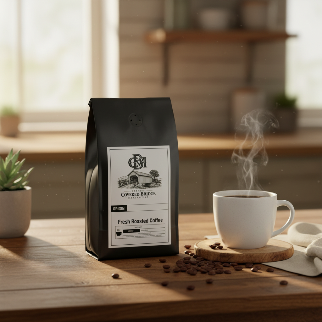 Black coffee bag on table with logo label; steam cup beside bag.