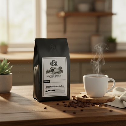 Black coffee bag on table with logo label; steam cup beside bag.