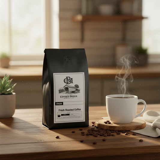 Black coffee bag on table with logo label; steam cup beside bag.