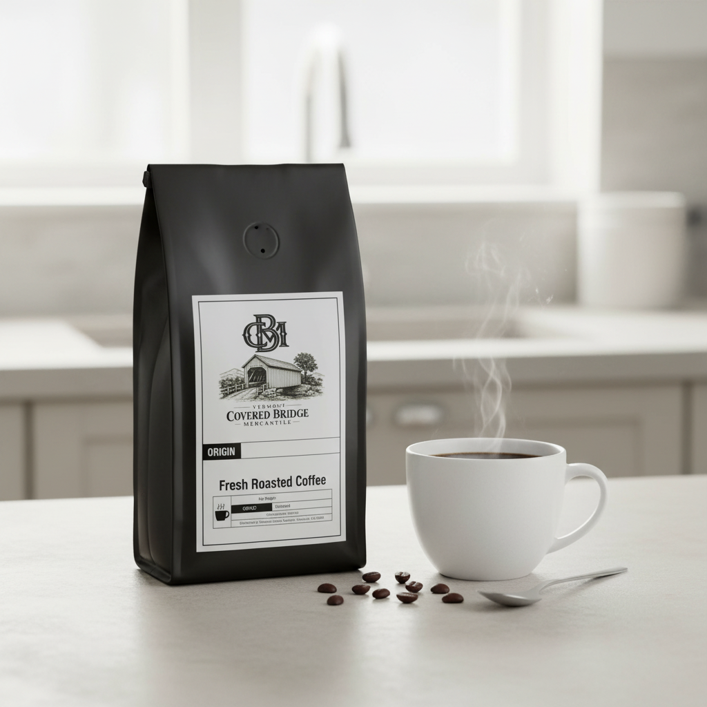 Black coffee bag with label beside white cup of coffee and scattered beans