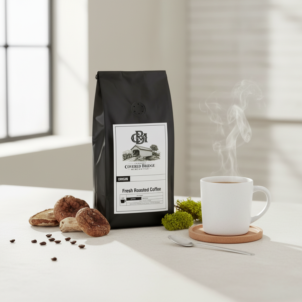 Coffee bag with label, white mug on coaster and coffee grounds