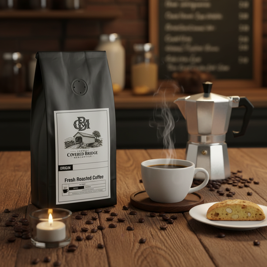 Italian roast coffee bag with cup and espresso maker on wooden counter.