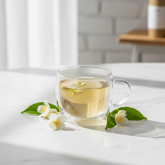 Clear teacup with pale tea, floating jasmine blossoms and green leaves
