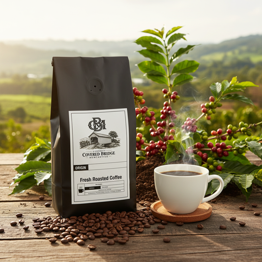 Fresh roasted coffee bag with front label, beans and cup