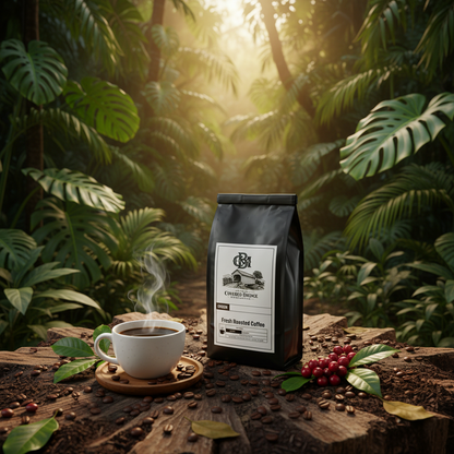 Coffee bag and mug on wooden surface with coffee beans and berries