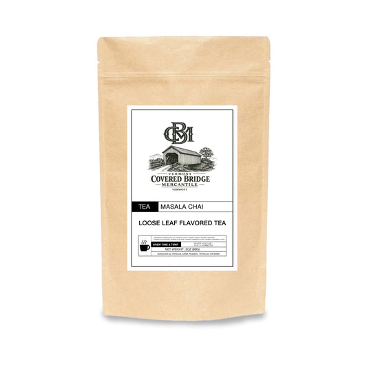 Beige loose leaf flavored tea pouch with Masala Chai label