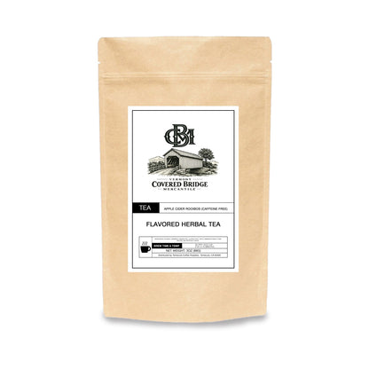 Apple cider rooibos loose-leaf herbal tea in kraft pouch with branded label