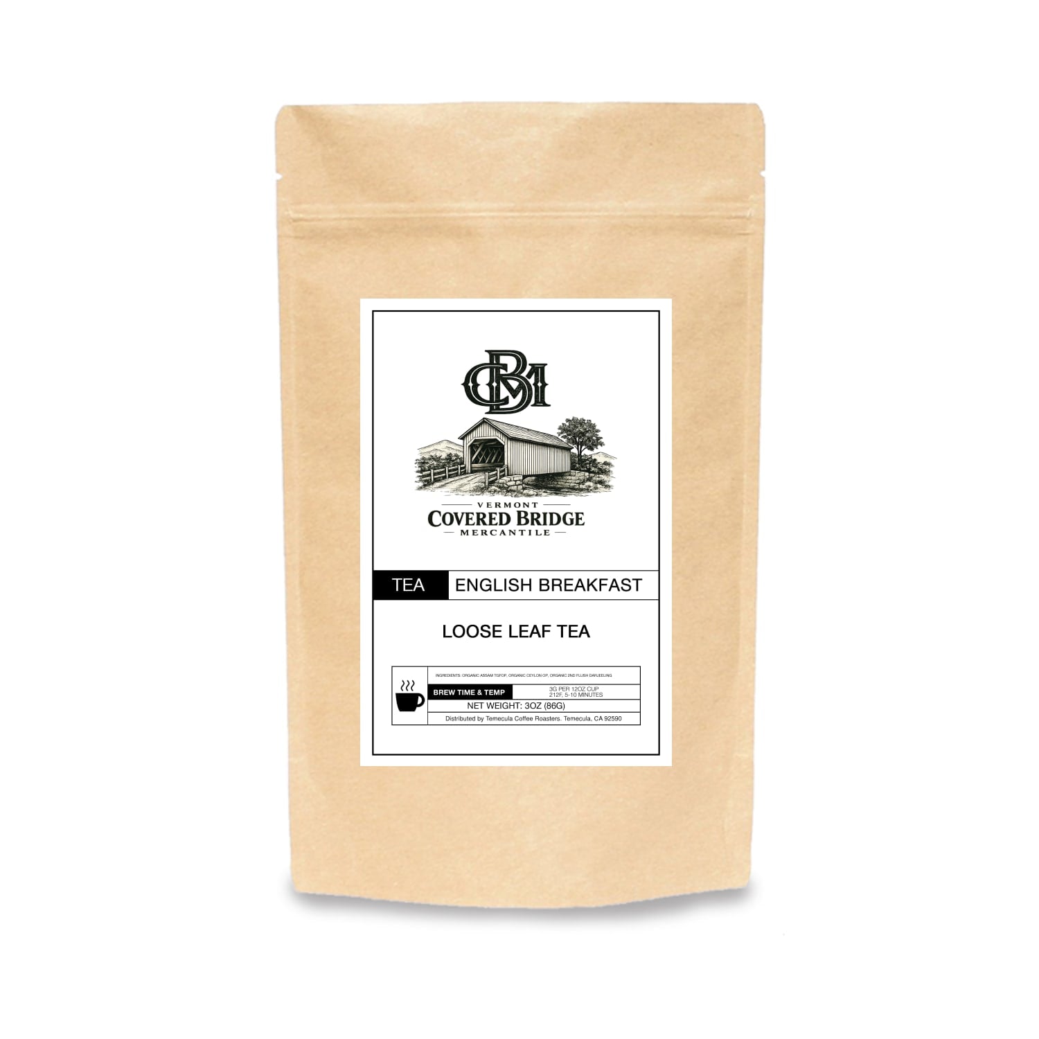 English Breakfast loose leaf tea pouch, Covered Bridge brand, brown kraft paper package