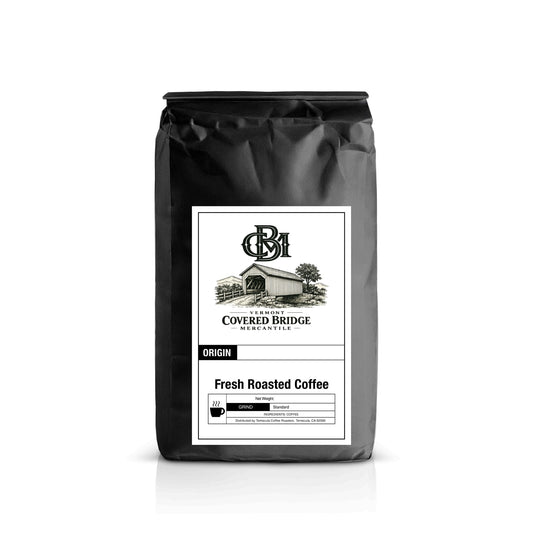 Covered Bridge coffee bag, black with origin and fresh roasted coffee label