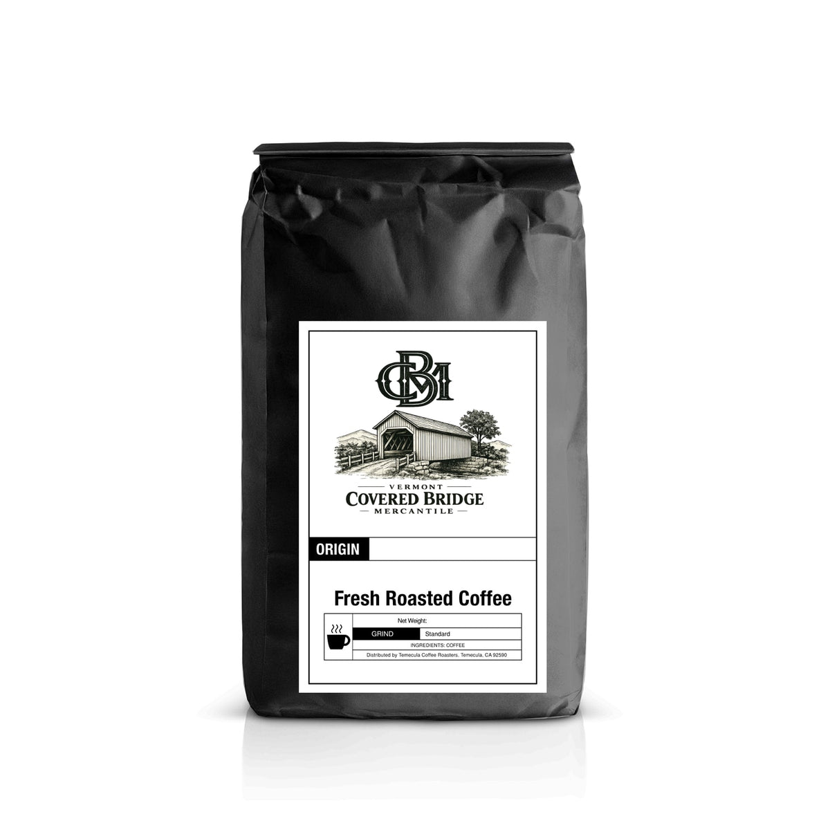 Black coffee bag with front label for fresh roasted coffee