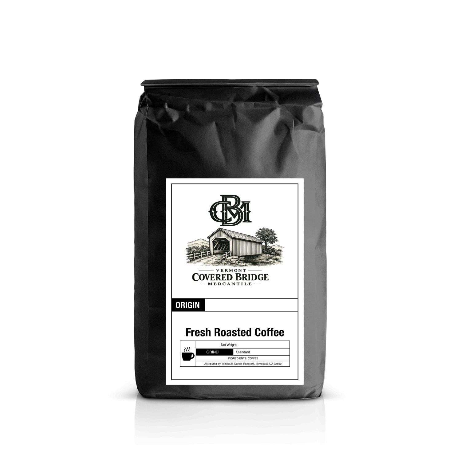 Costa Rica fresh roasted coffee bag, black with front label