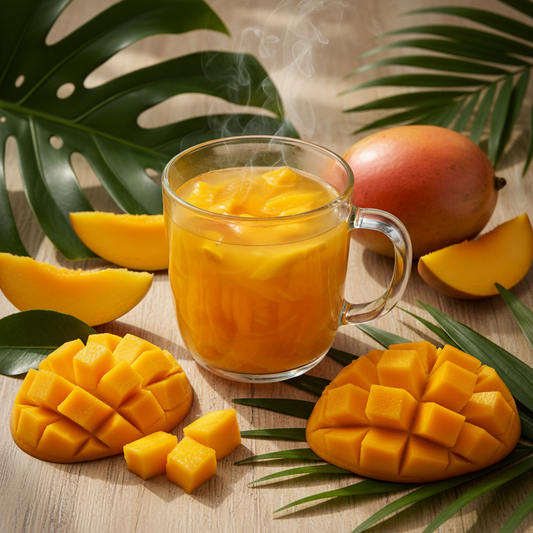 Mango flavored tea in glass mug with mango cubes and slices
