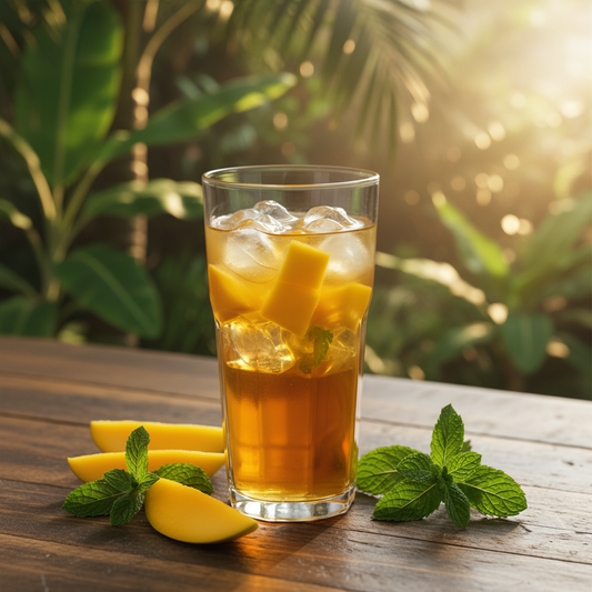 Mango treat drink in tall glass with ice cubes and mint leaves