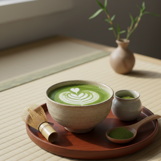 Green tea bowl with foam, small cup and tray