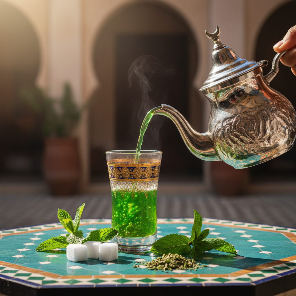 Mint green tea poured from teapot into glass, garnished with mint leaves