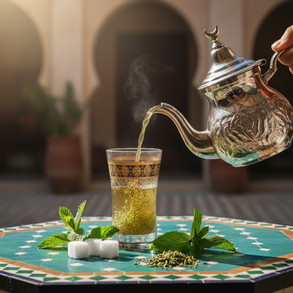 Pouring mint tea into glass with mint sprigs, sugar cubes, and brewed tea leaves