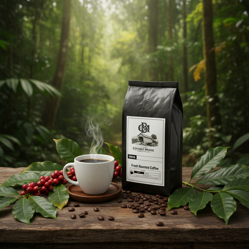 Fresh roasted coffee bag, black pouch with white label beside coffee cup