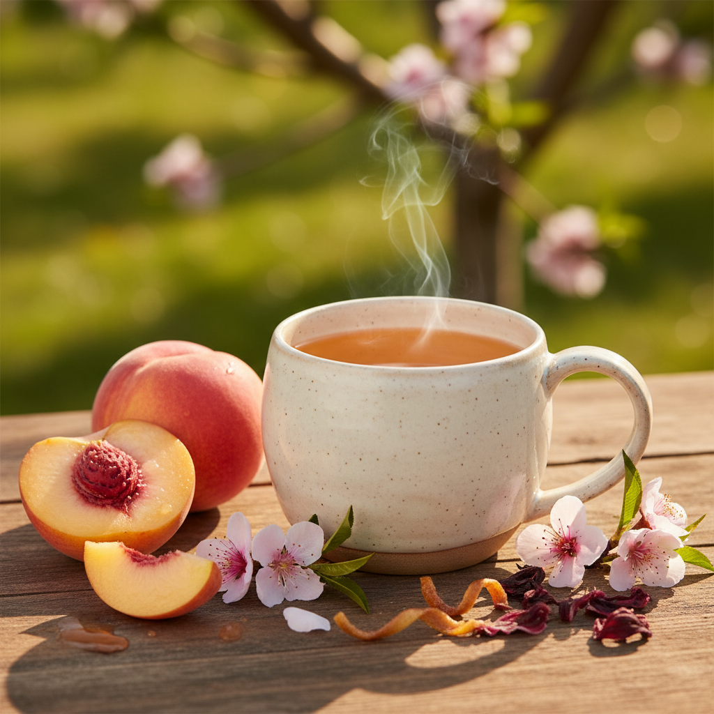 Flavored tea cup with peach halves, dried tea, and blossoms on wooden table