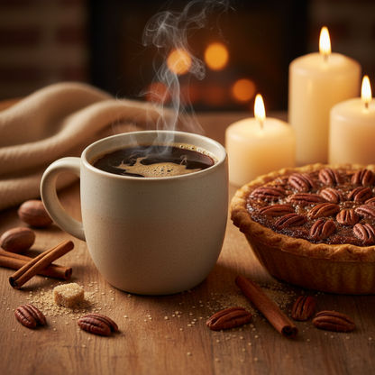 White coffee mug with hot coffee, cinnamon sticks, and a pecan pie slice