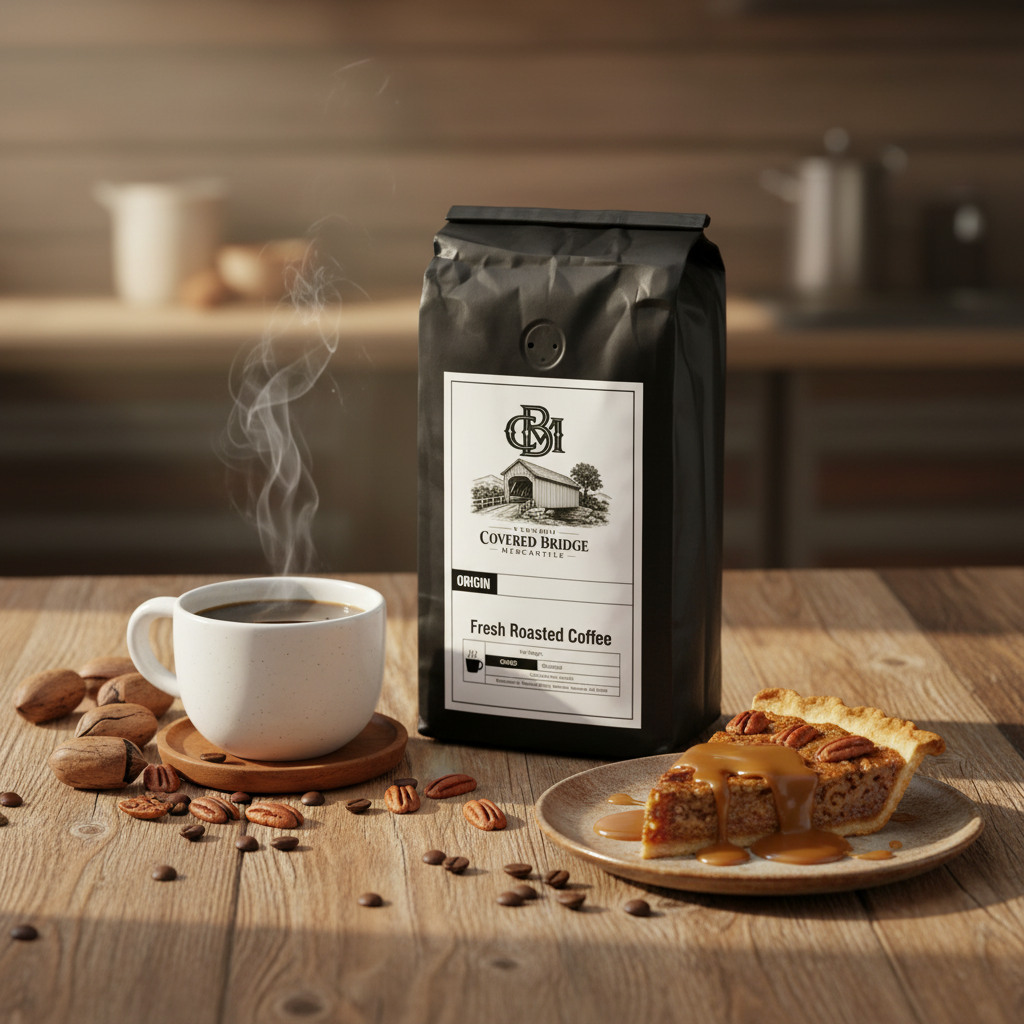 Coffee bag standing with a mug of coffee and sliced pie on a plate
