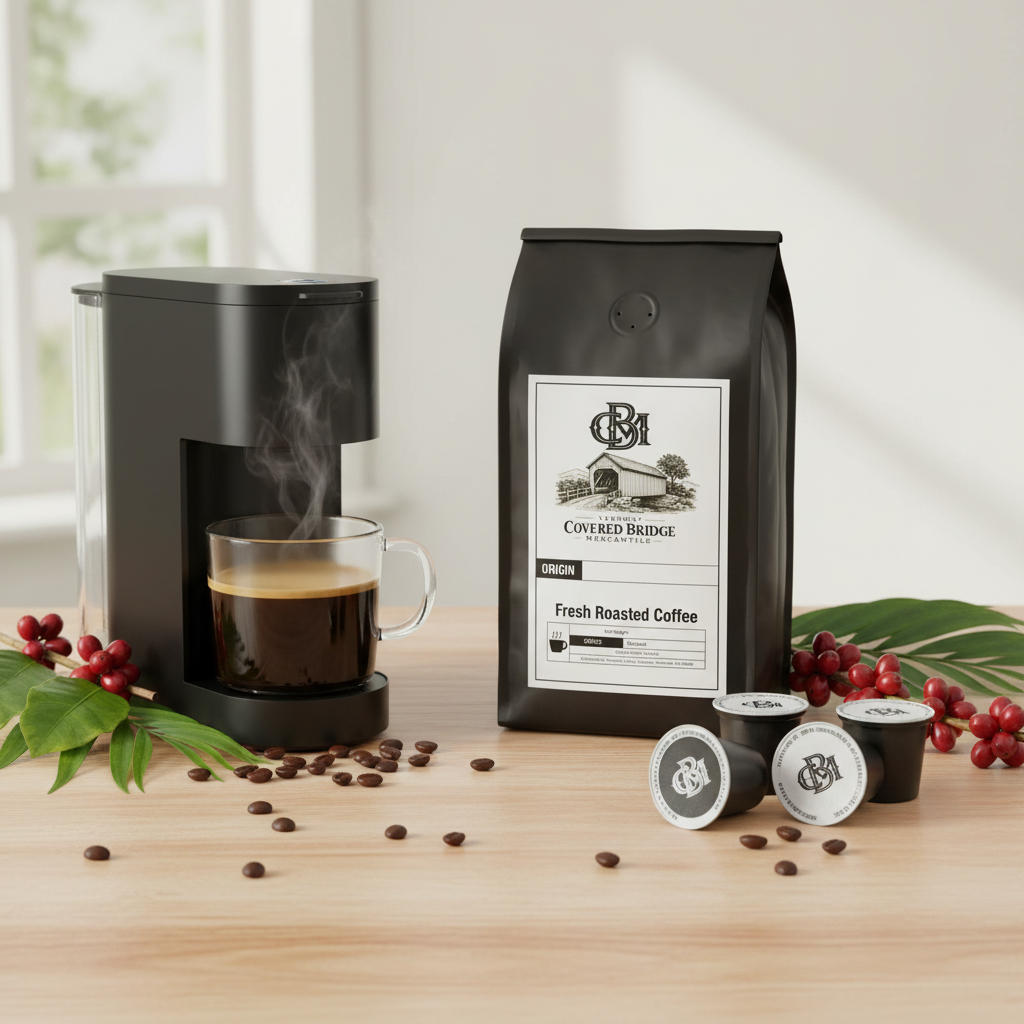 Coffee pod package with brewing cup and sealed pod discs on wooden surface