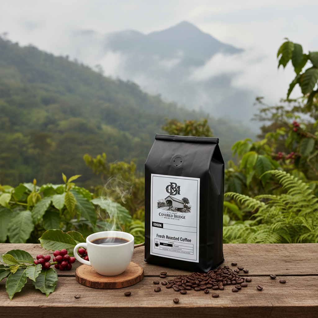 Decaf coffee bag with cup and coffee beans on wooden board