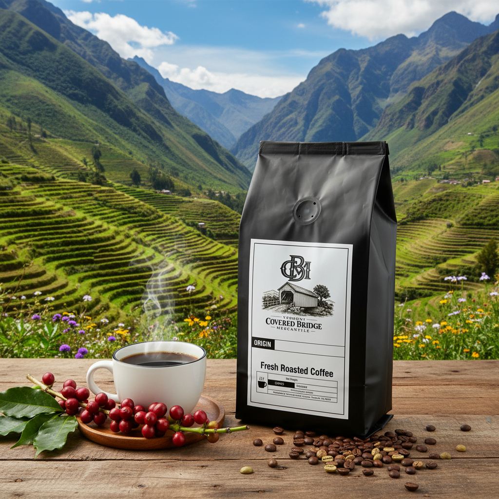 Peru fresh roasted coffee bag with front logo label, standing upright